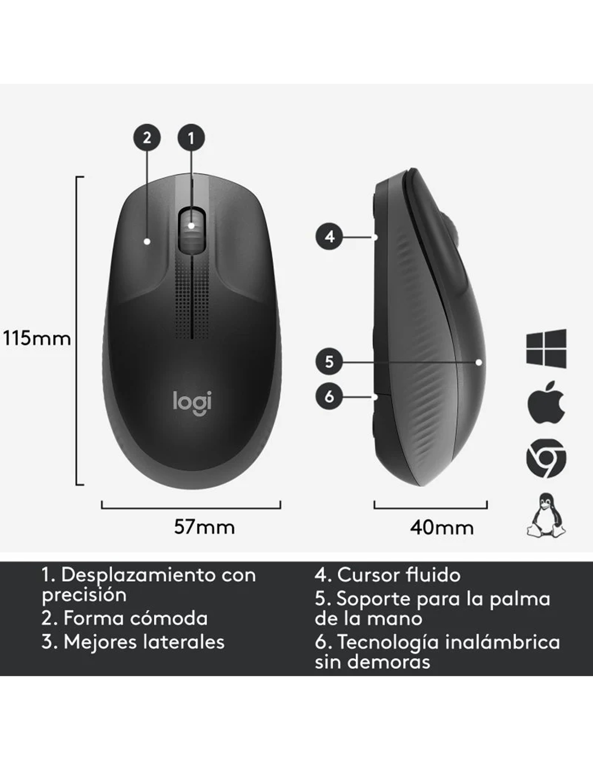 Raton LOGITECH M190 Gris marengo Wireless 1000DPI - Imagen 2